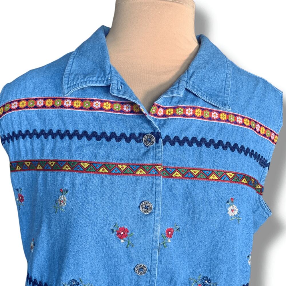 Upcycled Denim Fringe Shirt Embroidered Floral Boho Eclectic Maximalist Folk Art